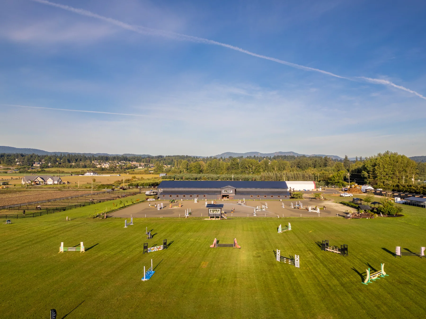 Aerial view of the Lochside Lane equestrian facility and arenas